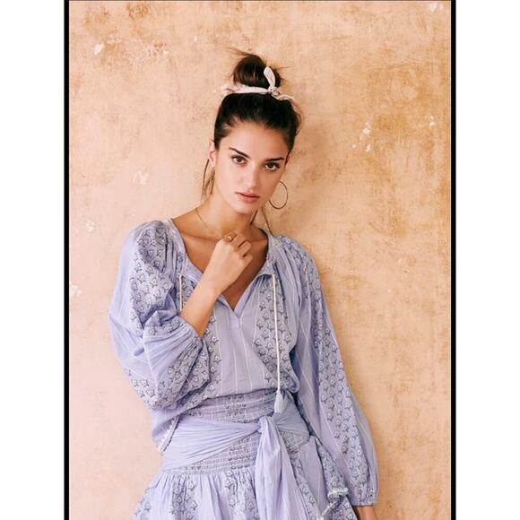 SAYLOR Tops - SAYLOR embroidered smocked neckline Julissa Peasant Top Size XS blue floral